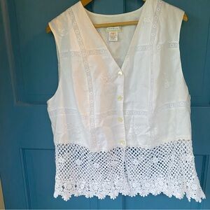 Vintage Susan Bristol white cotton ramie sleeveless blouse vest crochet 14W